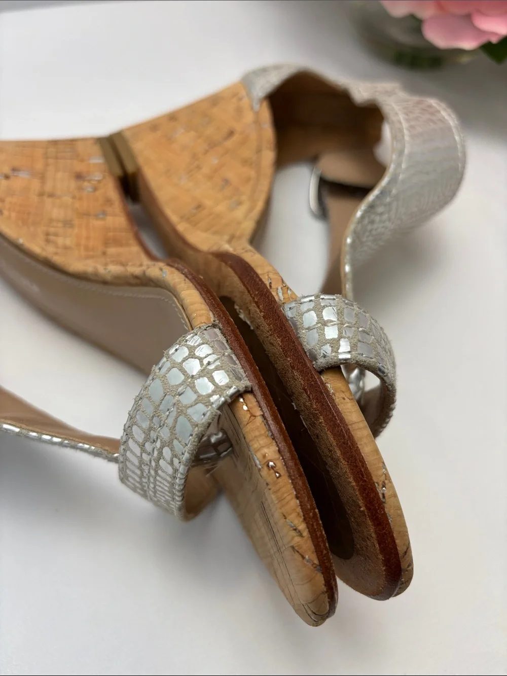 Donald J. Pliner “June”Women’s‎ 6 Silver Textured Cork Wedge Sandals #435